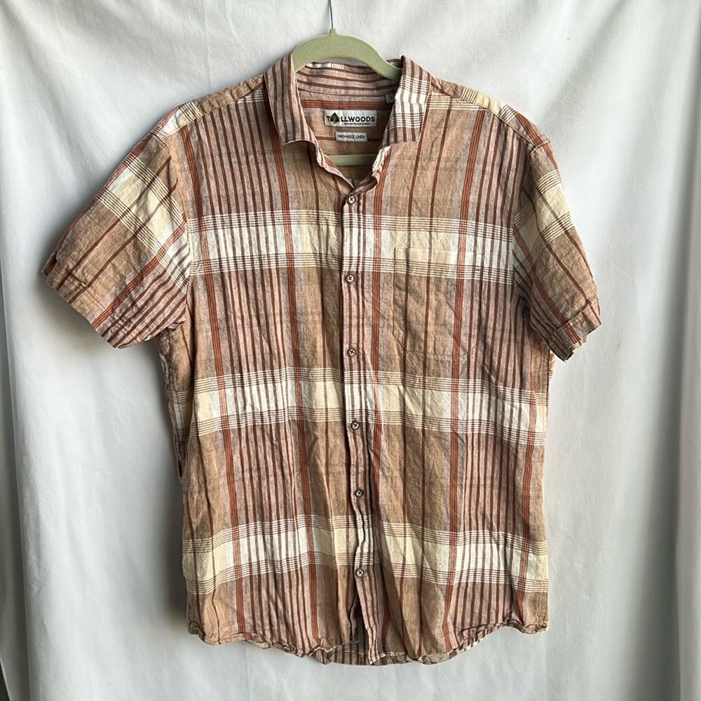 Tallwoods Washable Linen Plaid Button Down Shirt Short Sleeve Brown size L
